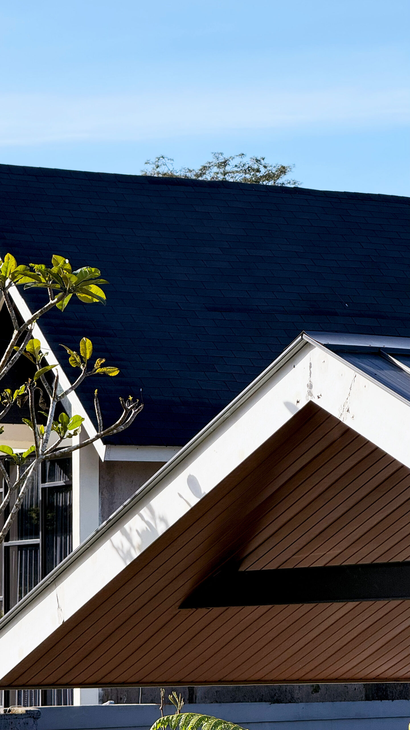 Modern House Architecture: Navy Roof, Wooden Soffit, and Blue Sk